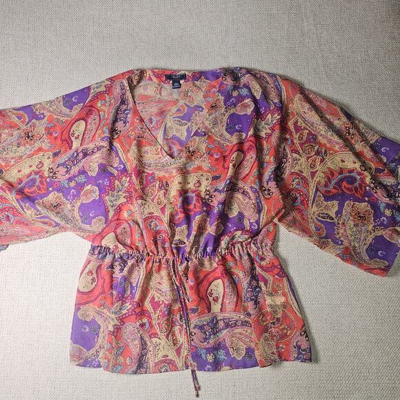 Chaps Large Paisley Floral Colorful Tunic Blouse with Drawstring Waist Lg V-Neck - Picture 5 of 10